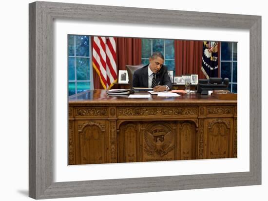 President Barack Obama at His Oval Office Desk, Sept. 7, 2011-null-Framed Premium Photographic Print