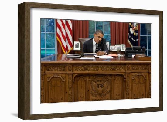 President Barack Obama at His Oval Office Desk, Sept. 7, 2011-null-Framed Premium Photographic Print