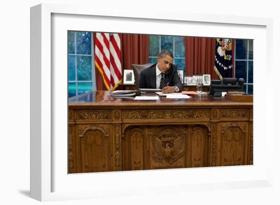 President Barack Obama at His Oval Office Desk, Sept. 7, 2011-null-Framed Premium Photographic Print