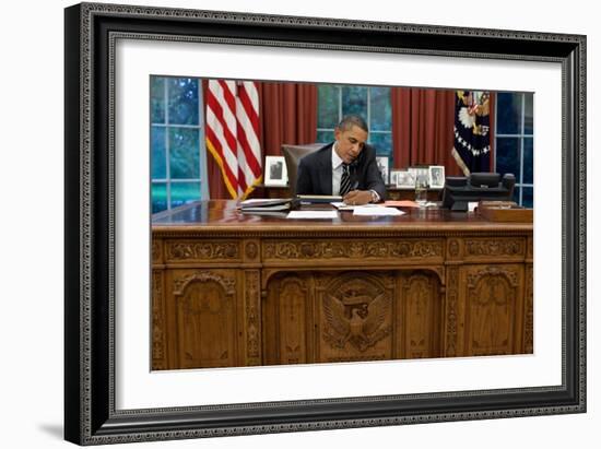 President Barack Obama at His Oval Office Desk, Sept. 7, 2011-null-Framed Premium Photographic Print