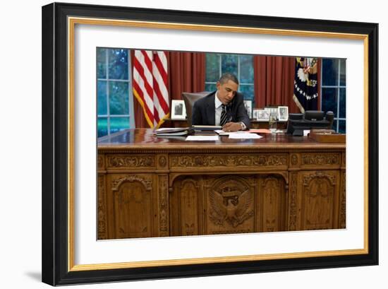 President Barack Obama at His Oval Office Desk, Sept. 7, 2011-null-Framed Premium Photographic Print