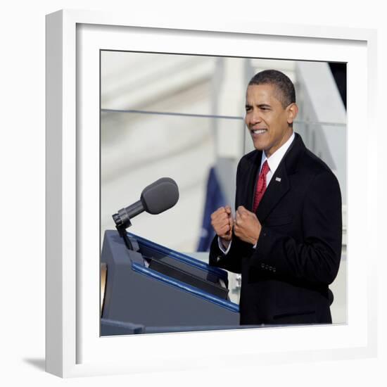 President Barack Obama Delivering His Inaugural Address, Washington DC, January 20, 2009-null-Framed Photographic Print