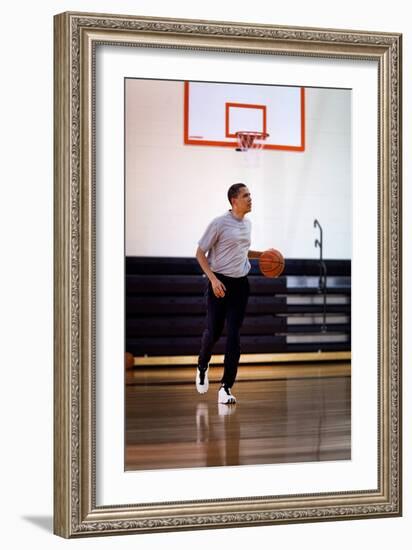 President Barack Obama Dribbles the Basketball at Fort Mcnair in Washington D.C. on May 9, 2009-null-Framed Photo