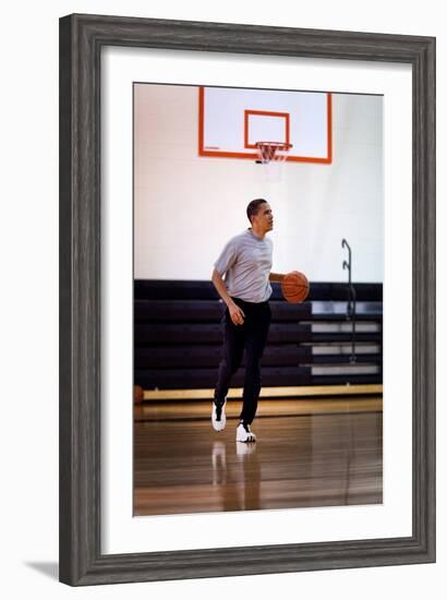 President Barack Obama Dribbles the Basketball at Fort Mcnair in Washington D.C. on May 9, 2009-null-Framed Photo