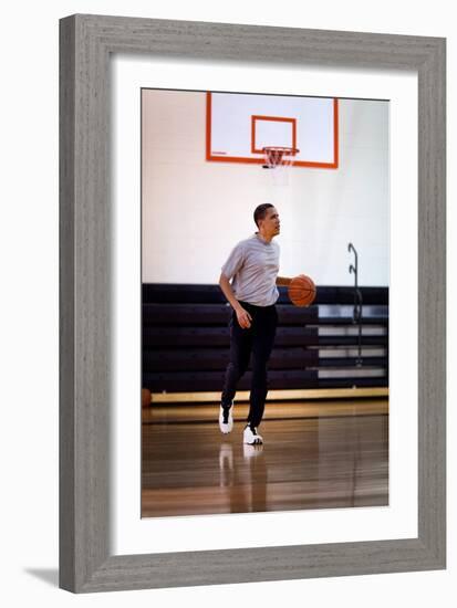 President Barack Obama Dribbles the Basketball at Fort Mcnair in Washington D.C. on May 9, 2009-null-Framed Photo