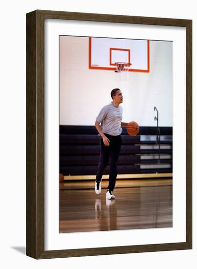 President Barack Obama Dribbles the Basketball at Fort Mcnair in Washington D.C. on May 9, 2009-null-Framed Photo