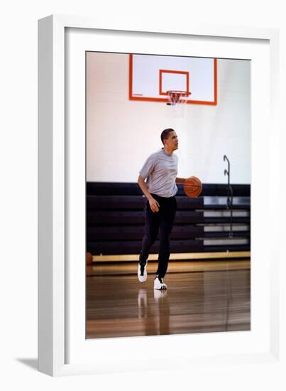 President Barack Obama Dribbles the Basketball at Fort Mcnair in Washington D.C. on May 9, 2009-null-Framed Photo