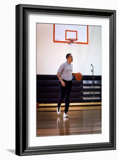 President Barack Obama Dribbles the Basketball at Fort Mcnair in Washington D.C. on May 9, 2009-null-Framed Photo