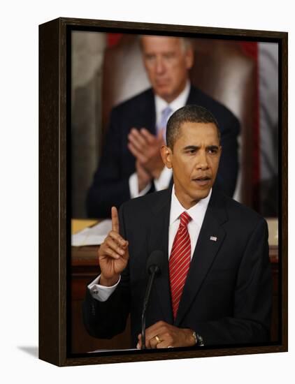 President Barack Obama Gestures While Delivering Speech on Healthcare to Joint Session of Congress-null-Framed Premier Image Canvas