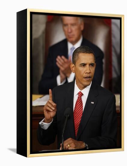 President Barack Obama Gestures While Delivering Speech on Healthcare to Joint Session of Congress-null-Framed Premier Image Canvas