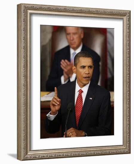 President Barack Obama Gestures While Delivering Speech on Healthcare to Joint Session of Congress-null-Framed Photographic Print