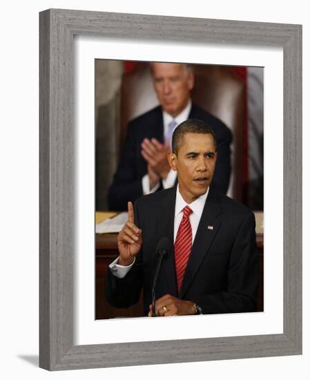 President Barack Obama Gestures While Delivering Speech on Healthcare to Joint Session of Congress-null-Framed Photographic Print