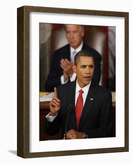 President Barack Obama Gestures While Delivering Speech on Healthcare to Joint Session of Congress-null-Framed Photographic Print