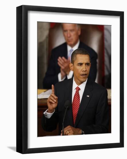 President Barack Obama Gestures While Delivering Speech on Healthcare to Joint Session of Congress-null-Framed Photographic Print