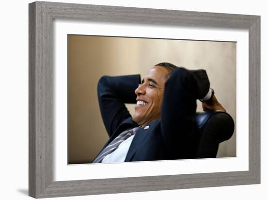 President Barack Obama Has a Relaxed Moment in a Meeting in the White House Situation Room-null-Framed Premium Photographic Print