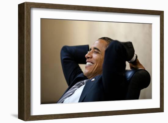 President Barack Obama Has a Relaxed Moment in a Meeting in the White House Situation Room-null-Framed Premium Photographic Print