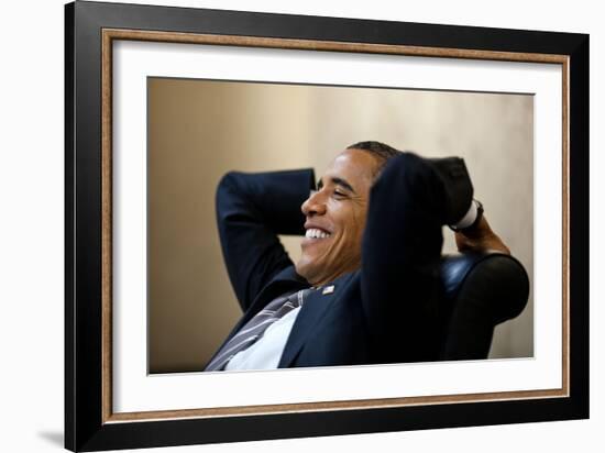 President Barack Obama Has a Relaxed Moment in a Meeting in the White House Situation Room-null-Framed Premium Photographic Print