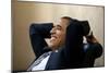 President Barack Obama Has a Relaxed Moment in a Meeting in the White House Situation Room-null-Mounted Premium Photographic Print