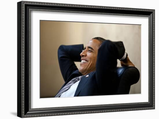 President Barack Obama Has a Relaxed Moment in a Meeting in the White House Situation Room-null-Framed Premium Photographic Print