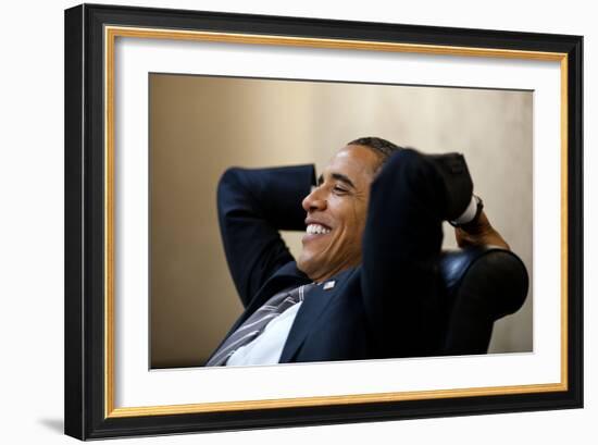 President Barack Obama Has a Relaxed Moment in a Meeting in the White House Situation Room-null-Framed Premium Photographic Print