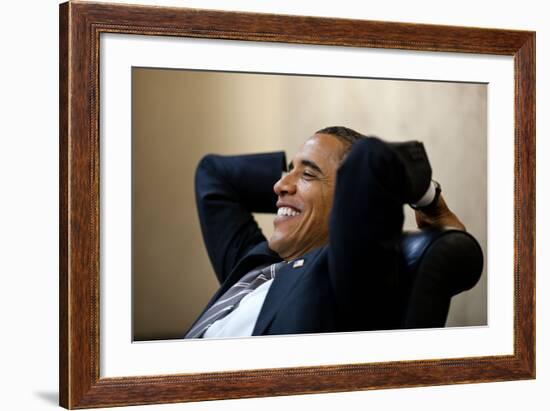 President Barack Obama Has a Relaxed Moment in a Meeting in the White House Situation Room-null-Framed Photo