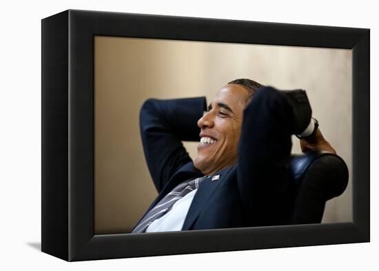 President Barack Obama Has a Relaxed Moment in a Meeting in the White House Situation Room-null-Framed Stretched Canvas