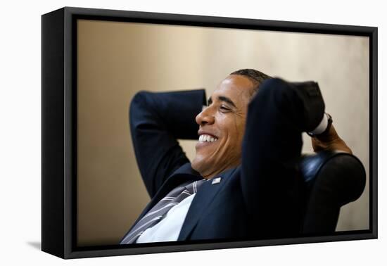 President Barack Obama Has a Relaxed Moment in a Meeting in the White House Situation Room-null-Framed Stretched Canvas