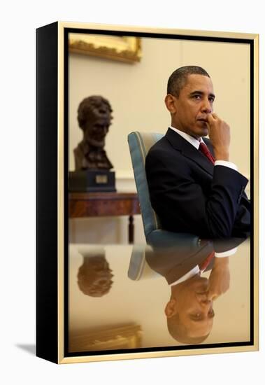 President Barack Obama Listens to His Senior Advisors During an Oval Office Meeting, Jan. 25, 2010-null-Framed Stretched Canvas