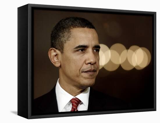 President Barack Obama Makes a Statement to the Nation, in the East Room of the White House-null-Framed Premier Image Canvas