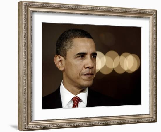 President Barack Obama Makes a Statement to the Nation, in the East Room of the White House-null-Framed Photographic Print