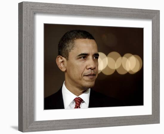 President Barack Obama Makes a Statement to the Nation, in the East Room of the White House-null-Framed Photographic Print