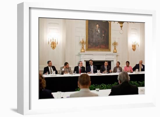 President Barack Obama Meets with Members of the Congressional Black Caucus-null-Framed Premium Photographic Print