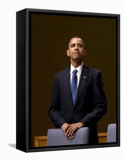 President Barack Obama Pauses During the Opening Ceremony of the Summit of the Americas-null-Framed Premier Image Canvas