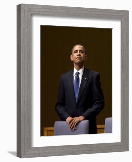 President Barack Obama Pauses During the Opening Ceremony of the Summit of the Americas-null-Framed Photographic Print