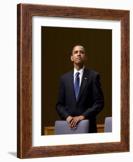 President Barack Obama Pauses During the Opening Ceremony of the Summit of the Americas-null-Framed Photographic Print