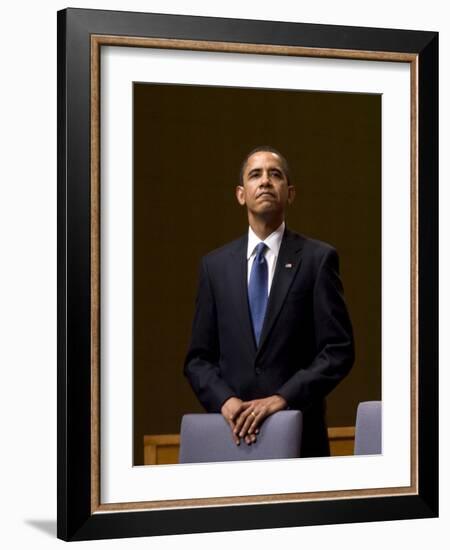 President Barack Obama Pauses During the Opening Ceremony of the Summit of the Americas-null-Framed Photographic Print