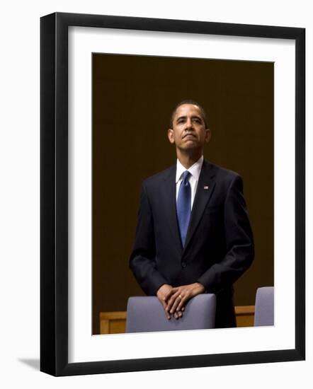 President Barack Obama Pauses During the Opening Ceremony of the Summit of the Americas-null-Framed Photographic Print