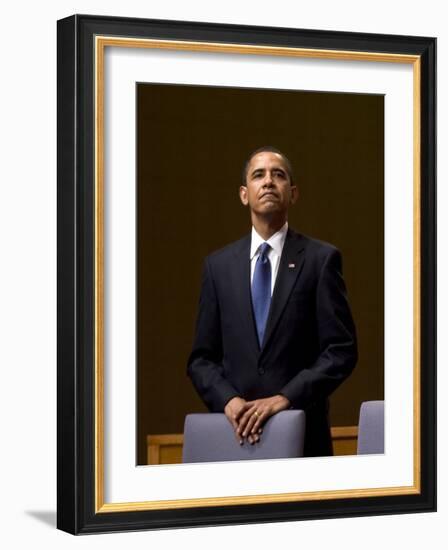 President Barack Obama Pauses During the Opening Ceremony of the Summit of the Americas-null-Framed Photographic Print