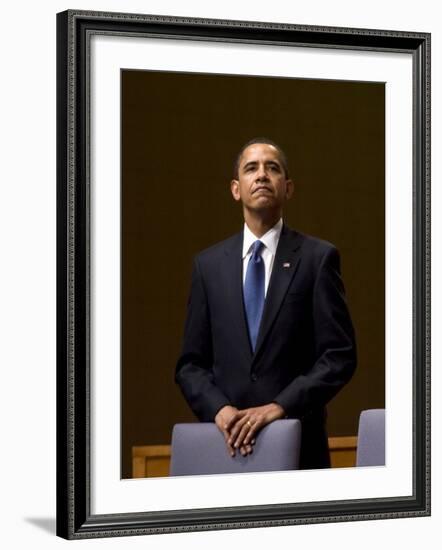 President Barack Obama Pauses During the Opening Ceremony of the Summit of the Americas-null-Framed Photographic Print