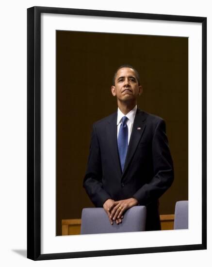 President Barack Obama Pauses During the Opening Ceremony of the Summit of the Americas-null-Framed Photographic Print