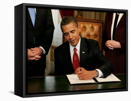 President Barack Obama Signs His First Act as President in the President's Room, January 20, 2009-null-Framed Premier Image Canvas