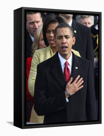 President Barack Obama Sings the National Anthem at the Swearing-In Ceremonies, January 20, 2009-null-Framed Premier Image Canvas