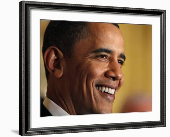 President Barack Obama Speaking at a St. Patrick's Day Reception in East Room of White House-null-Framed Photographic Print