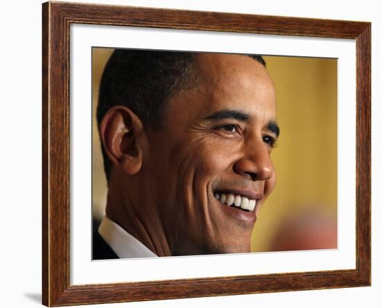 President Barack Obama Speaking at a St. Patrick's Day Reception in East Room of White House-null-Framed Photographic Print