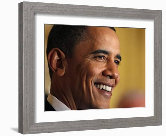 President Barack Obama Speaking at a St. Patrick's Day Reception in East Room of White House-null-Framed Photographic Print