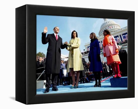 President Barack Obama Takes the Oath of Office with Wife Michelle and Daughters, Sasha and Malia-null-Framed Premier Image Canvas