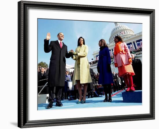 President Barack Obama Takes the Oath of Office with Wife Michelle and Daughters, Sasha and Malia-null-Framed Photographic Print