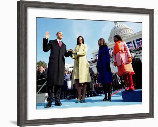 President Barack Obama Takes the Oath of Office with Wife Michelle and Daughters, Sasha and Malia-null-Framed Photographic Print