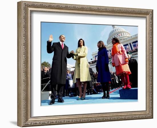 President Barack Obama Takes the Oath of Office with Wife Michelle and Daughters, Sasha and Malia-null-Framed Photographic Print