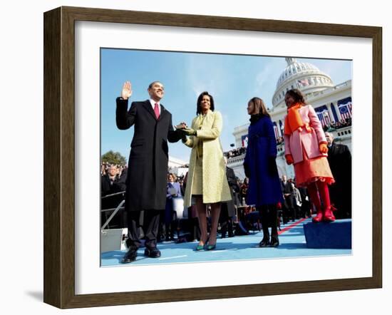 President Barack Obama Takes the Oath of Office with Wife Michelle and Daughters, Sasha and Malia-null-Framed Photographic Print